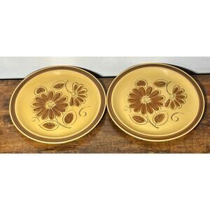 Vintage La Mesa Stoneware Dinner Plates 10.5” Daisy Pattern Brown Set of 2